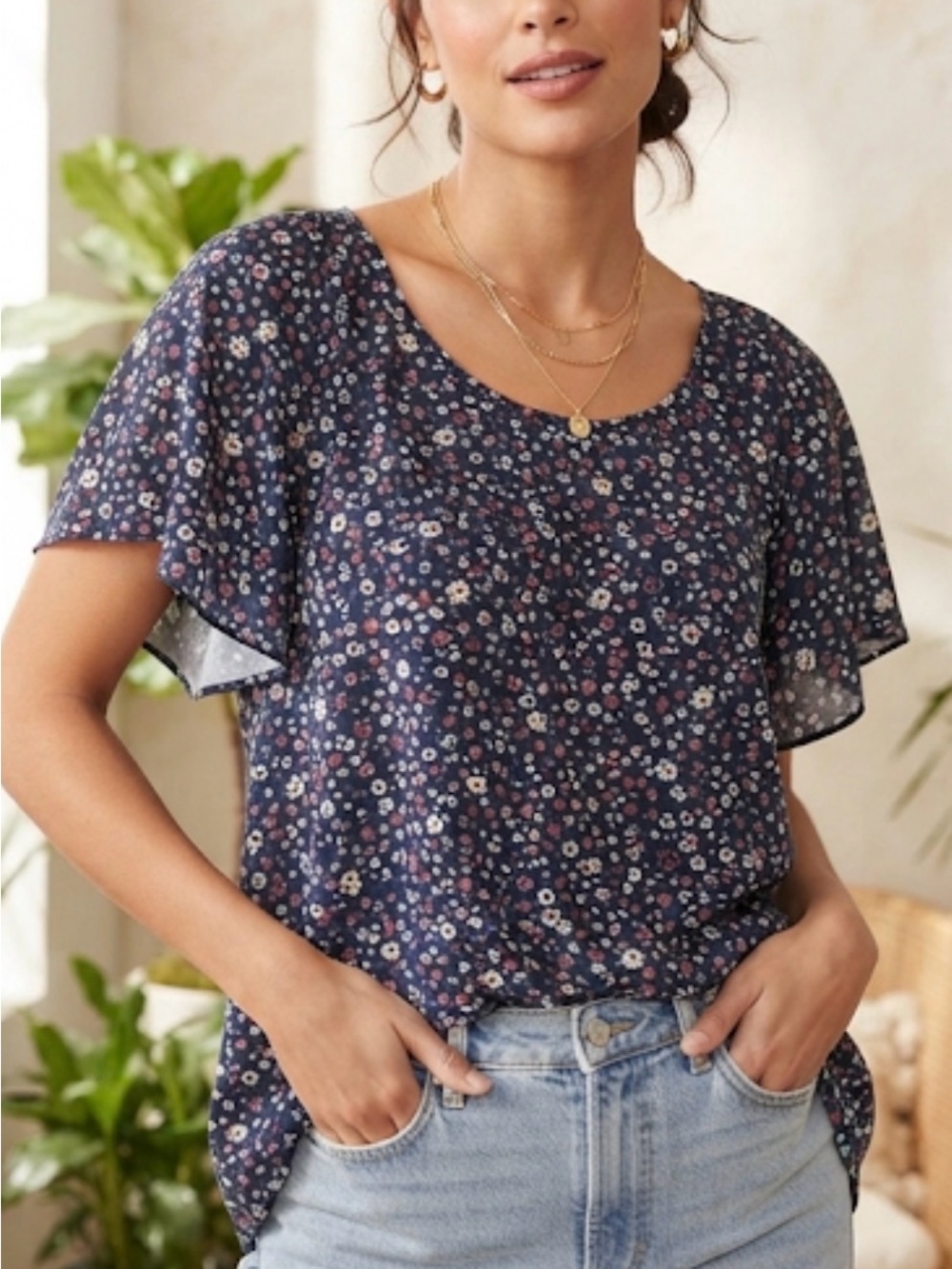 fSimple Navy Flowy Floral Flutter Sleeve Tunic XL